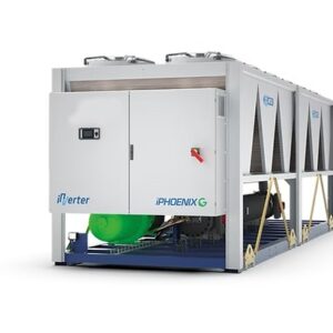 Air cooled chillers. Nominal cooling capacity 266 ÷ 1383 kW. The iPHOENIX G series chillers, which use the low GWP refrigerant R513A, are the inverter solution for medium and large hydronic air conditioning systems (such as hospitals, workplaces, and shopping malls), ensuring energy savings in line with the ErP EcoDesign mandate. The screw compressors equipped with variable-speed inverter technology are capable of delivering the correct cooling capacity as requested by the system, even in instances of significant load variability. The modular condensing portion, as well as the fans' gradual regulation of condensation pressure, allow the units' seasonal energy efficiency to be increased even further.